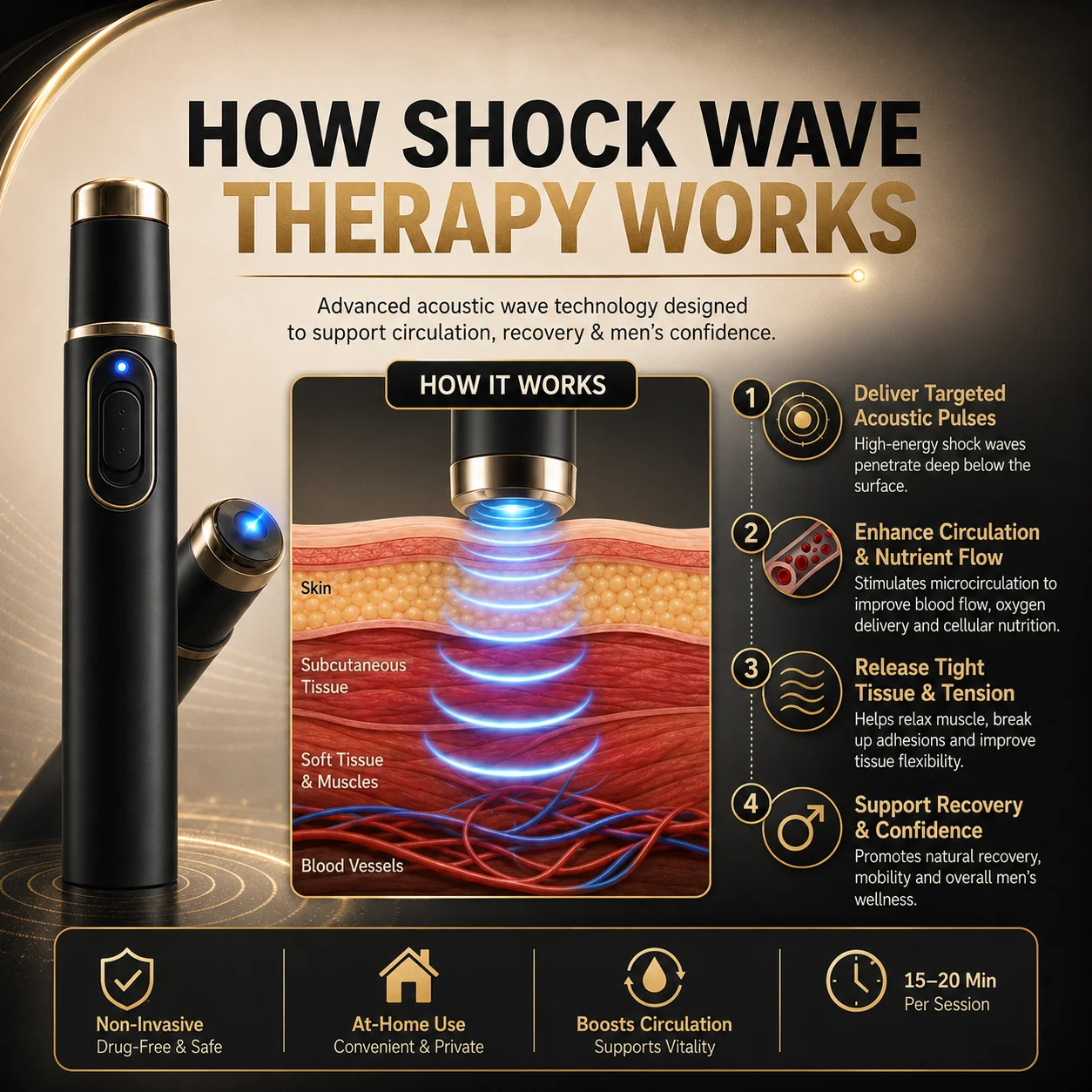 Advanced Acoustic Shockwave Therapy restores penile tissue health to enhance rise rigidity, stamina, and male performance confidence, relieving muscle pain, joint stiffness, tendon discomfort📈